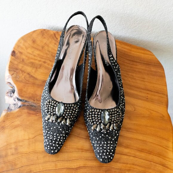 Pierre Dumas Black Glitter Slingback Heels Size 11 Rhinestone Embellished Shoes - Picture 3 of 10
